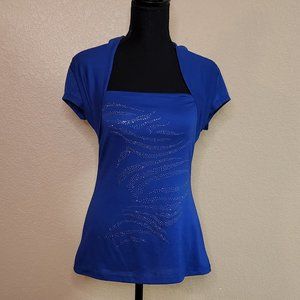 Blue, business casual shirt with silver, beaded design.